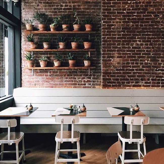 Three wooden shelves are lined with potted plants, softening the red brick wall. White shiplap banquette seating provides a clean line below. This space perfectly blends urban grit with comfort.