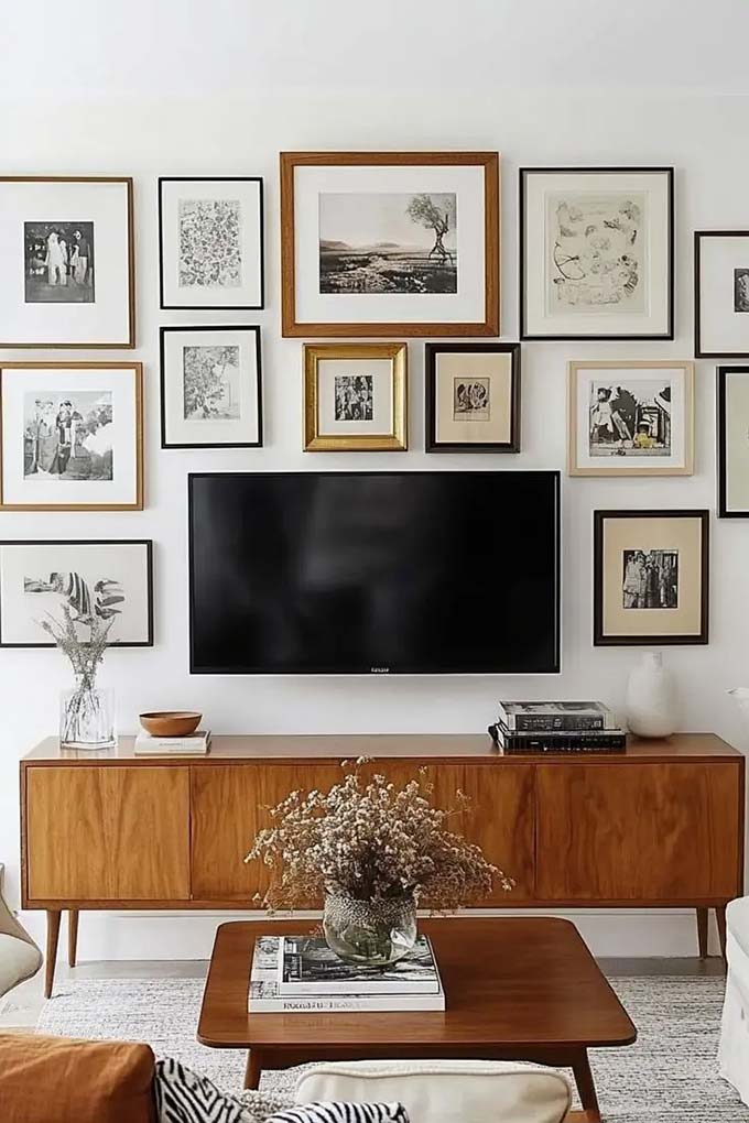 Mixing wooden frames with black frames creates a timeless gallery wall around the television. The sleek wood console table anchors the look and matches the coffee table. This TV wall decor is perfect for displaying black and white photography in a neat layout.